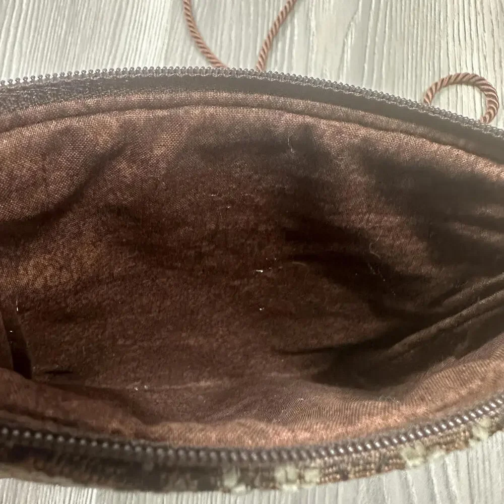 Small Tapestry Rug Bag with Beaded Zipper and Brown‎ Cord Strap